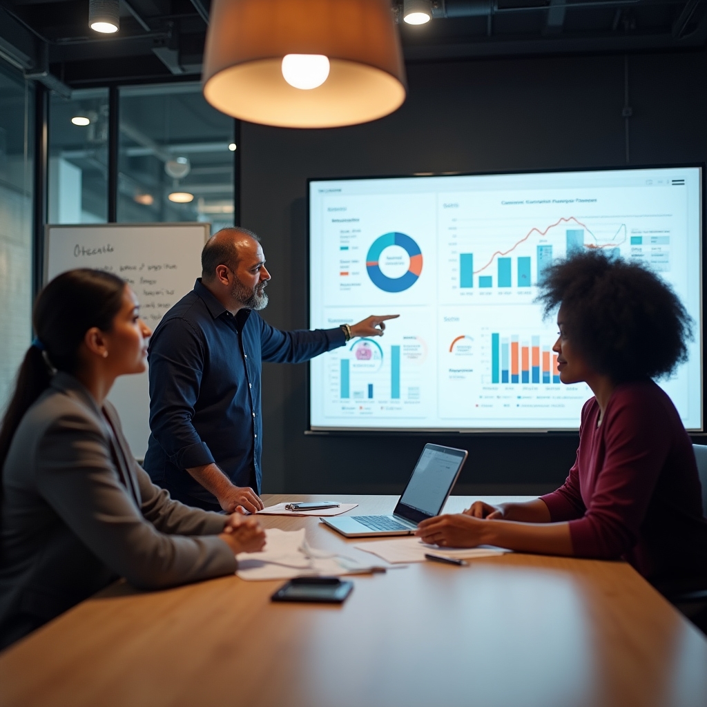 Team analysiert ein E-Commerce-Analytics-Dashboard gemeinsam am Konferenztisch