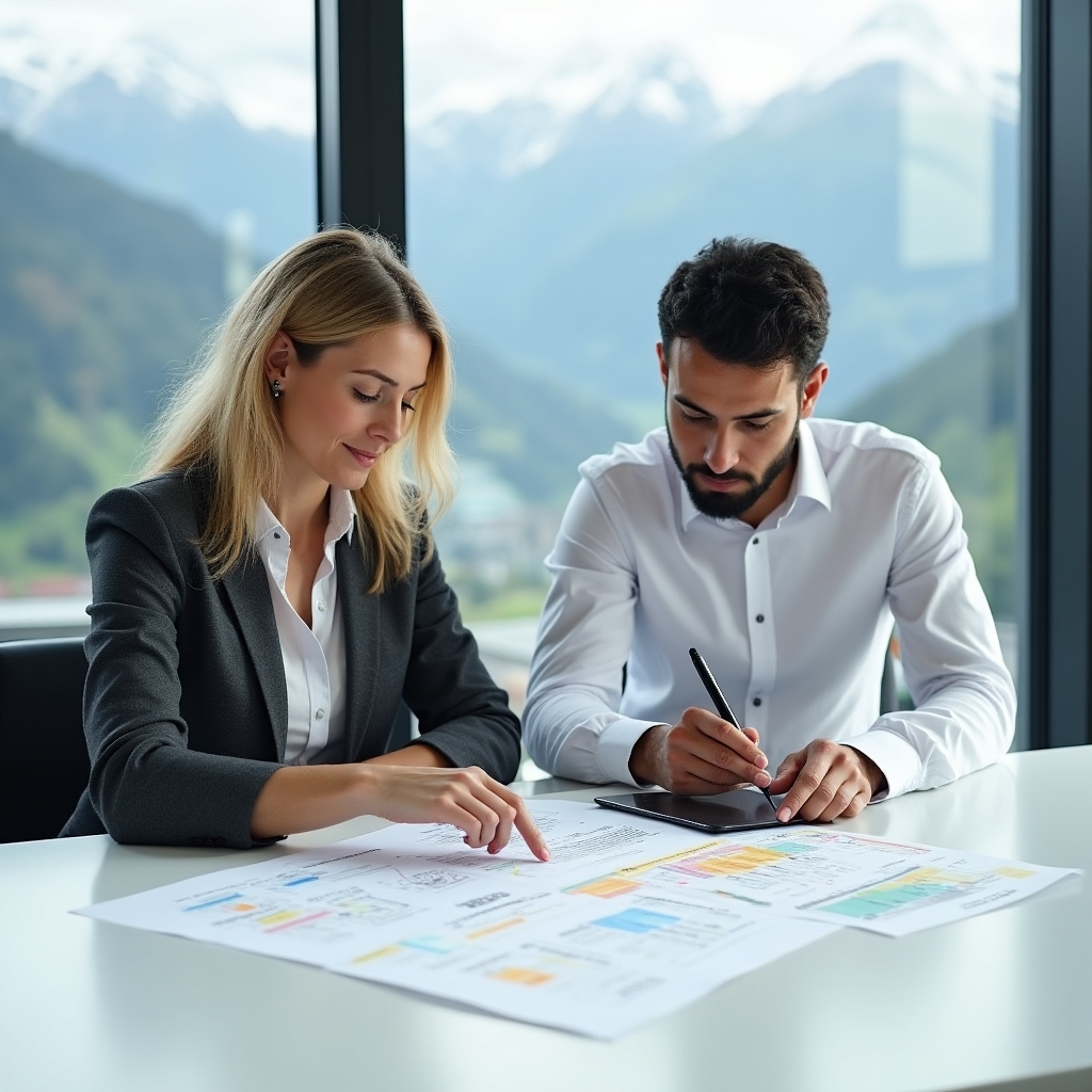 Beraterin und Klient arbeiten gemeinsam an einem Projektplan für E-Commerce-Analytics