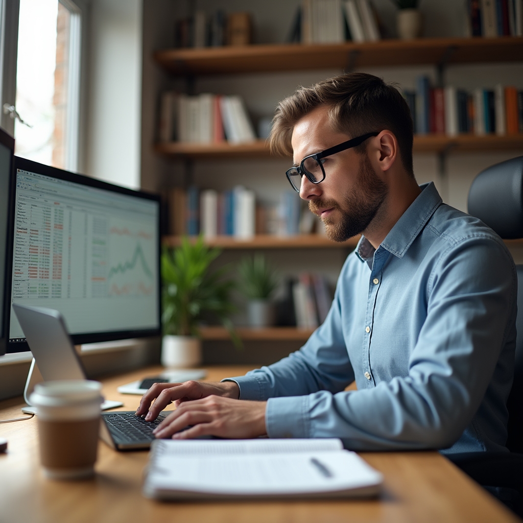 Berater arbeitet konzentriert an einem Laptop mit Analytics-Daten im Hintergrund