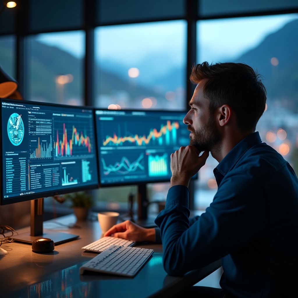 E-Commerce-Unternehmer vor mehreren Bildschirmen mit Daten und Analysen